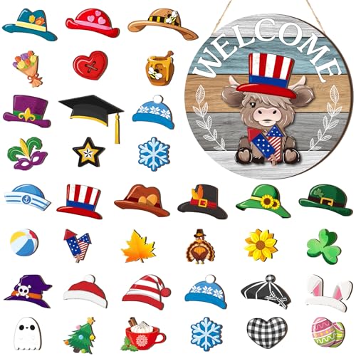 Vicenpal 35 Pcs Patriotic Interchangeable Highland Cow Welcome Sign 4th of July Highland Cow Seasonal Wooden Hanging Door Decor Farmhouse Hanging Sign for All Seasons Holiday Party DecorLight Blue - Image 1