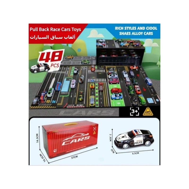 لعبة سيارات لـ 48 لعبة سيارات سباق قابلة للسحب، صندوق تخزين الحاويات، مجموعة سيارات لعبة معدنية مصبوبة، نمط الديناصورات والسباق، سيارات صغيرة للأطفال الصغار من سن 3 إلى 12 عامًا - Image 2
