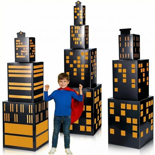 Sabary 10 Pcs Large Hero Party Favor Boxes Skyscraper City Background Hero Theme Photography Backdrop City Skyline Buildings Centerpiece for Halloween Birthday Baby Shower Party Supplies - Image 1