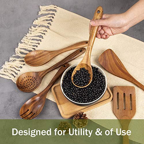 ADT AIUHI 10 Pack Wooden Spoons for Cooking, Teak Wood Kitchen Utensils Set for Non Stick Use, Spatula Set for Stirring, Baking, Non Stick Wooden Utensils for Kitchen - Image 4