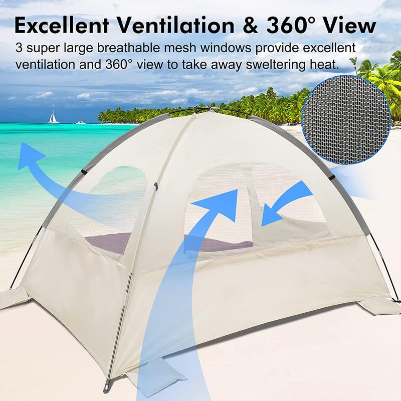 WhiteFang Beach Tent Anti-UV Portable Sun Shade Shelter for 3 Person, Extendable Floor with 3 Ventilating Mesh Windows Plus Carrying Bag, Stakes and Guy Lines (Baby's Breath) - Image 4