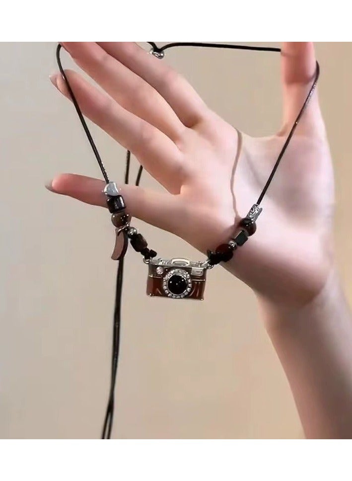 Goolsky Vintage Brown Camera Pendant Necklace – Adjustable Long Enamel Sweater Chain for Women, Retro Fall/Winter Jewelry  - Image 1
