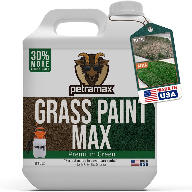 PetraMax Max Grass Paint for Lawn Maintain Perfect Green Grass Spray for Lawn Shrubs Green Spray Paint Pair with Petra Sprayers Touch up Dog Spots NonToxic Safe for Pets Premium 32 oz