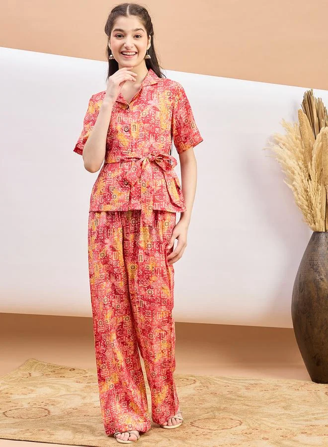 Stylo Bug Stylo Bug Abstract Print Tie-Belt Shirt and Pants Set
