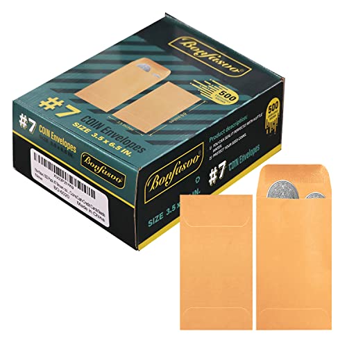 Bonfasvo 500 Pack #7 Brown coin envelope 3.5 x 6.5 inches Kraft Envelopes Classic Small Parts Envelopes with Self Adhesive Gummed Flap for Coins Cash Credit Cards Seeds - Image 1