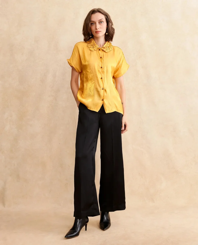 Rareism Rareism Women Larfa Yellow Short Sleeve Collared Neck Button Closure Boxy Fit Plain Shirt