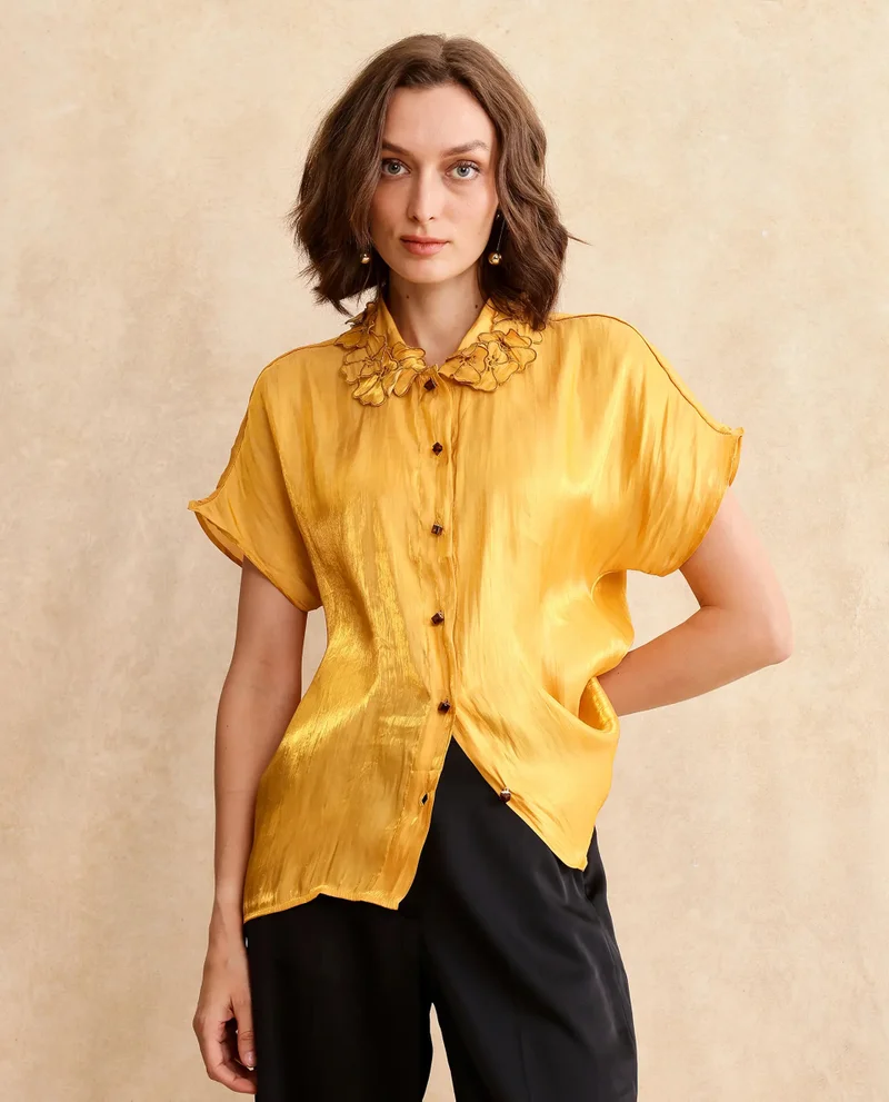 Rareism Rareism Women Larfa Yellow Short Sleeve Collared Neck Button Closure Boxy Fit Plain Shirt