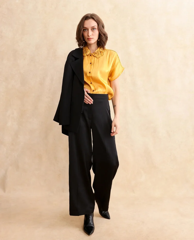 Rareism Rareism Women Larfa Yellow Short Sleeve Collared Neck Button Closure Boxy Fit Plain Shirt