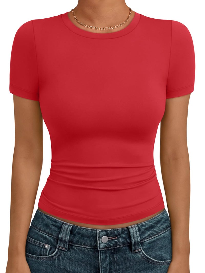 AUTOMET Women's Crew Neck Short Sleeve Summer Basic T-Shirt Stretchy Tight Fitted Soft Going Out Workout Gym Tops Red L - Image 1
