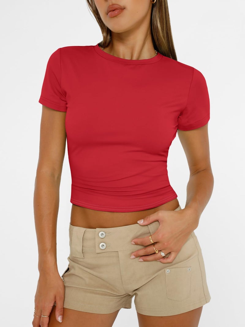 AUTOMET Women's Crew Neck Short Sleeve Summer Basic T-Shirt Stretchy Tight Fitted Soft Going Out Workout Gym Tops Red L - Image 2