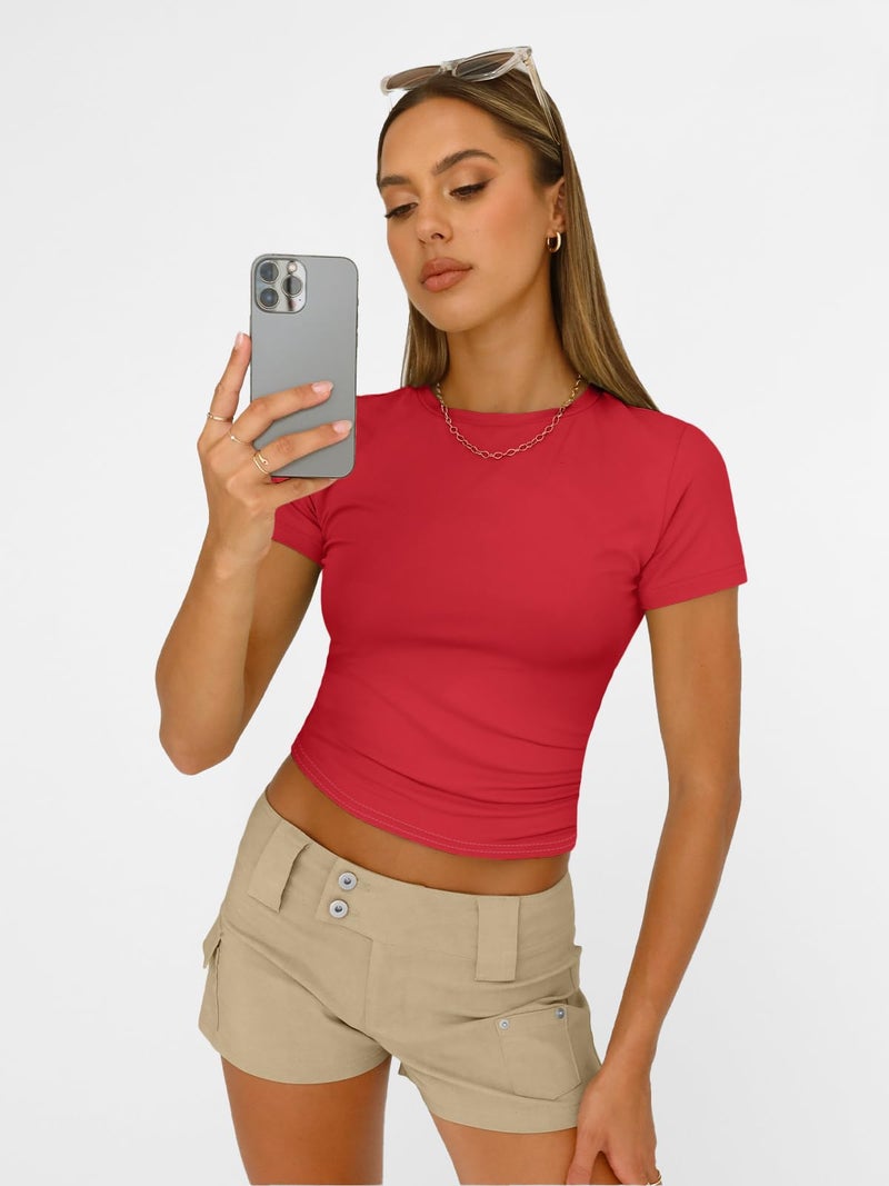 AUTOMET Women's Crew Neck Short Sleeve Summer Basic T-Shirt Stretchy Tight Fitted Soft Going Out Workout Gym Tops Red L - Image 3