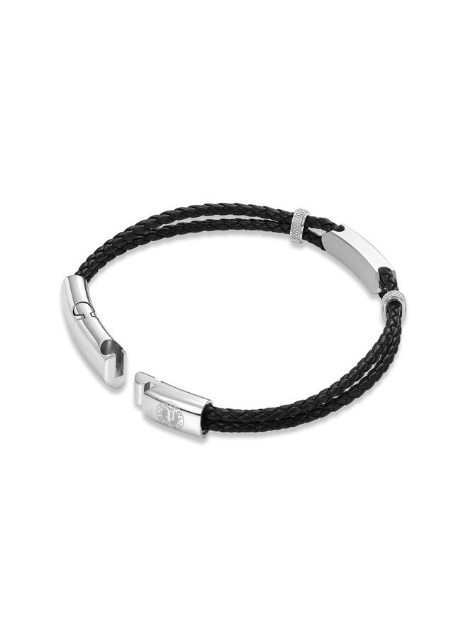 POLICE - Twincord BraceletDouble Row Black Leather with Stainless Steel Rings and Central Screwed PlaqueRugged and Sophisticated Men's Style - Image 1