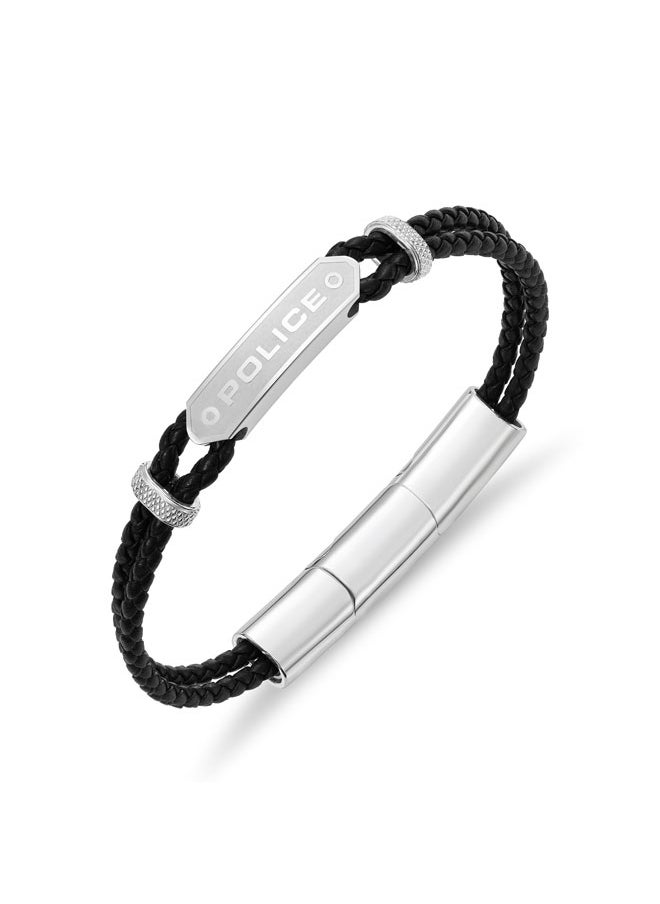 POLICE - Twincord BraceletDouble Row Black Leather with Stainless Steel Rings and Central Screwed PlaqueRugged and Sophisticated Men's Style - Image 1