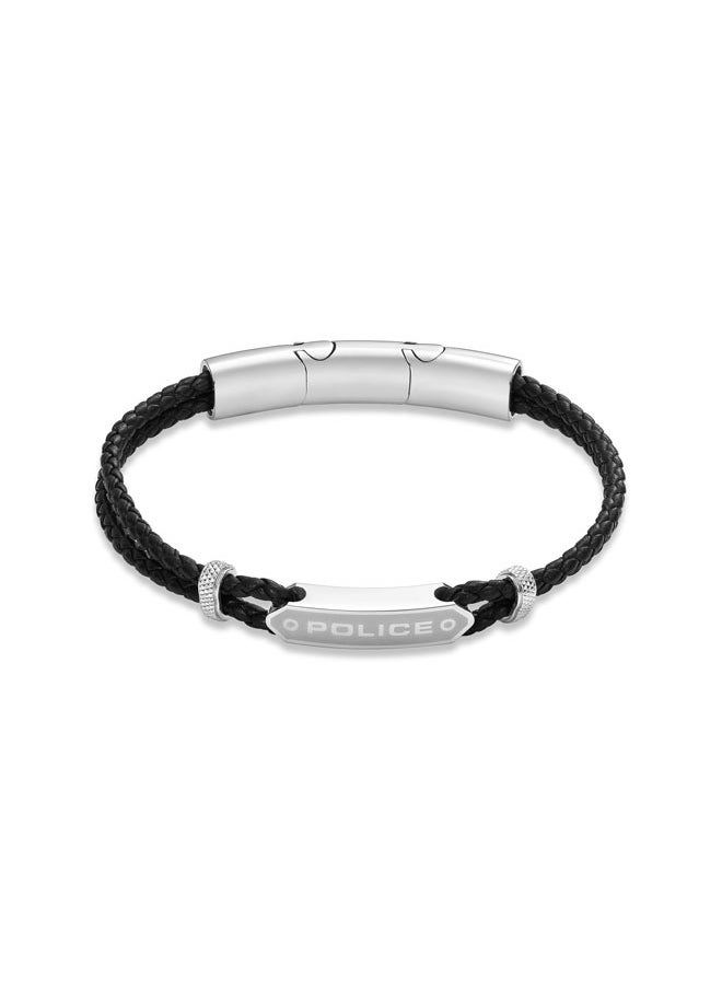 POLICE - Twincord BraceletDouble Row Black Leather with Stainless Steel Rings and Central Screwed PlaqueRugged and Sophisticated Men's Style - Image 1