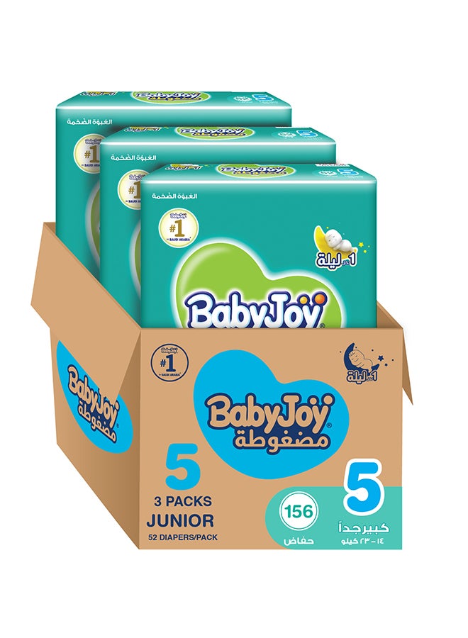 BabyJoy Compressed Diamond Pad Diaper, Size 5, Junior, 14-23 Kg, Mega Box, 156 Diapers - Image 1