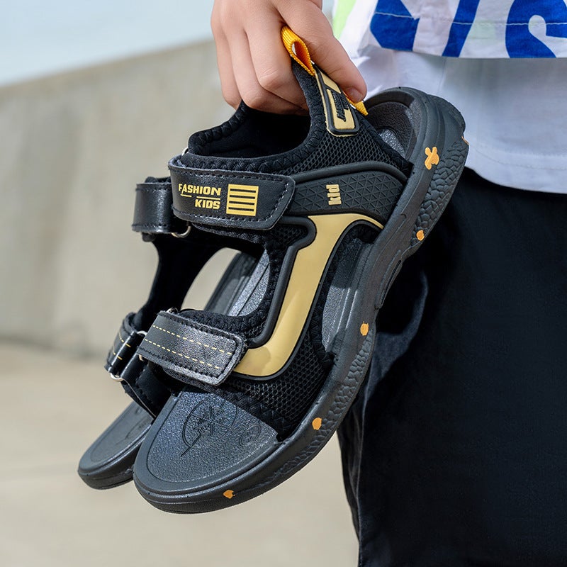 Summer Large Children'S Sandals Baby Primary School Students Soft Bottom Waterproof Boys Shoes 28-40 Black Green Black Gold - Image 5