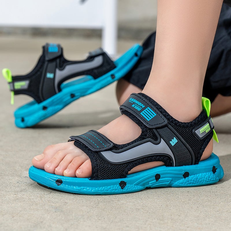 Summer Large Children'S Sandals Baby Primary School Students Soft Bottom Waterproof Boys Shoes 28-40 Black Green Black Gold - Image 3