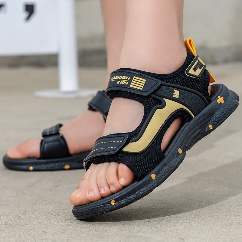 Summer Large Children'S Sandals Baby Primary School Students Soft Bottom Waterproof Boys Shoes 28-40 Black Green Black Gold - Image 2