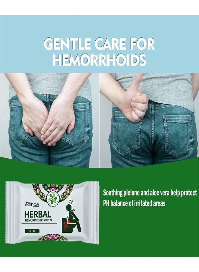 EELHOE 2 Pack/20 Pcs Herbal Hemorrhoid Wipes, Made Entirely From Natural and Botanical Formulas, For The Treatment of Treats External, Hemorrhoids and Fissures, For Long-Lasting Comfort and Soothing Pain - Image 2
