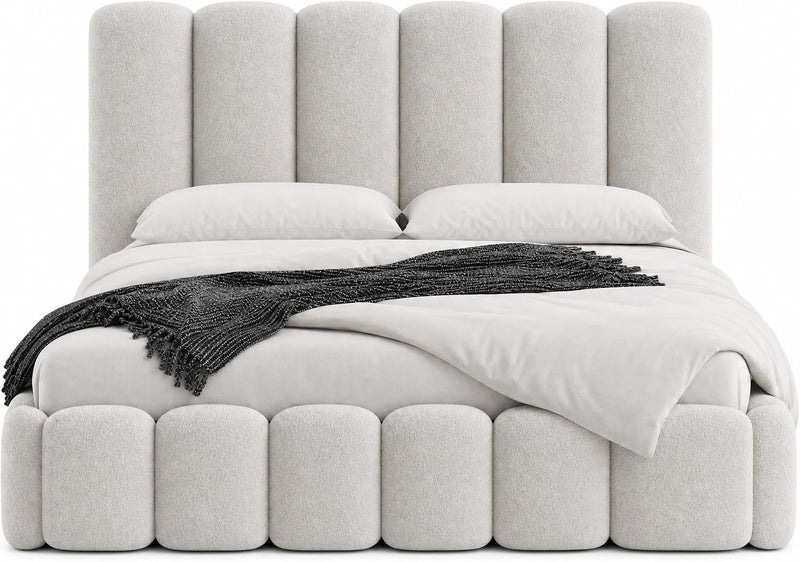 Cloud Upholstered Bed Frame, Teddy Fleece Modern Soft Boucle Platform Bed with Vertical Channel Headboard - Light Grey, King Size - Image 4