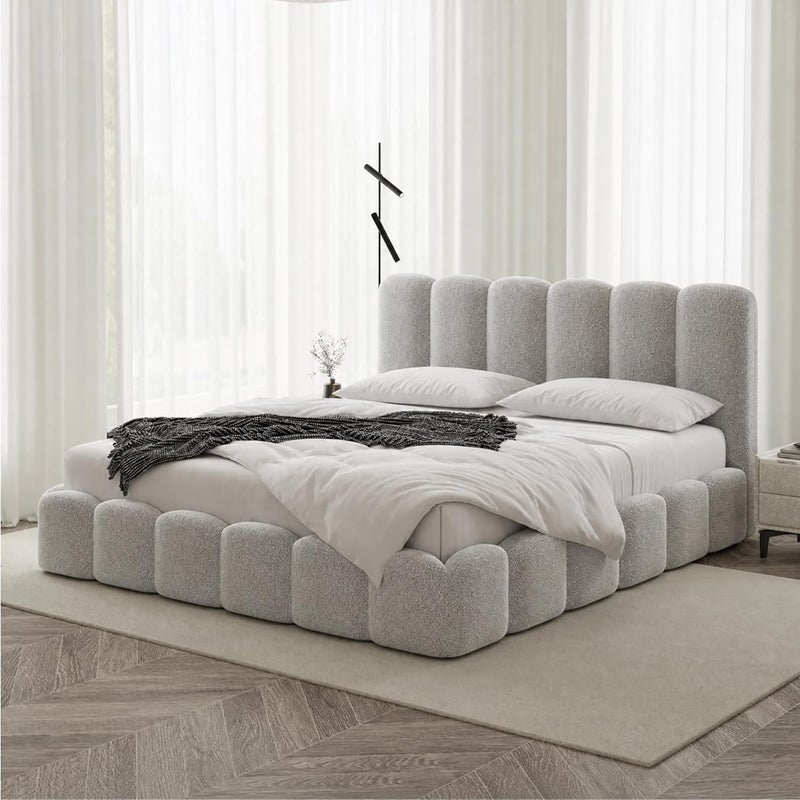 Cloud Upholstered Bed Frame, Teddy Fleece Modern Soft Boucle Platform Bed with Vertical Channel Headboard - Light Grey, King Size - Image 1