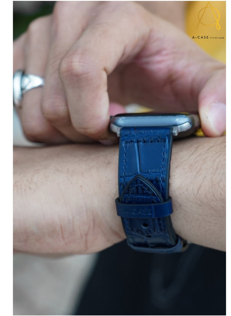 A-CASE - A-Case its My Case Javan Series Genuine Leather Band Compatible with Apple watch Series Ultra 1/2 ,7,6,5,4,3, SE Sizes 42/44/45/49MM B - Blue - Image 1