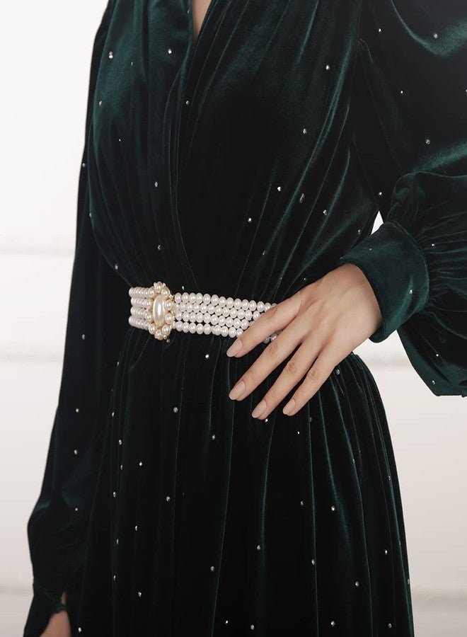 ويوپار حزام نسائي من الكريستال المرصع بأحجار الراين، ذهبي لامع، مزين باللؤلؤ، حزام خصر أنيق من المطاط، مناسب للجينز والفساتين - Image 2