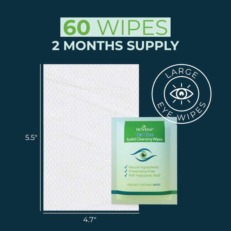 NOVEHA 120Pcs Tea Tree Oil Eyelid & Lash Wipes With Hyaluronic Acid, Green Tea & Chamomile For Blepharitis & Itchy Eyes, Individually Wrapped Eyelash Wipes, Natural Makeup Remover & Cleanser (2 Pack) - Image 2