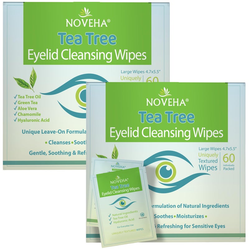 NOVEHA 120Pcs Tea Tree Oil Eyelid & Lash Wipes With Hyaluronic Acid, Green Tea & Chamomile For Blepharitis & Itchy Eyes, Individually Wrapped Eyelash Wipes, Natural Makeup Remover & Cleanser (2 Pack) - Image 1