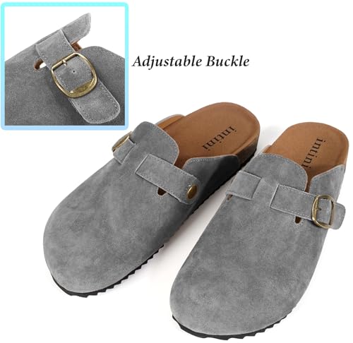 Intini Suede Clogs for Mens Womens Leather Clogs Adjustable Buckle Cork Footbed Home Slippers Sandals Grey - Image 5