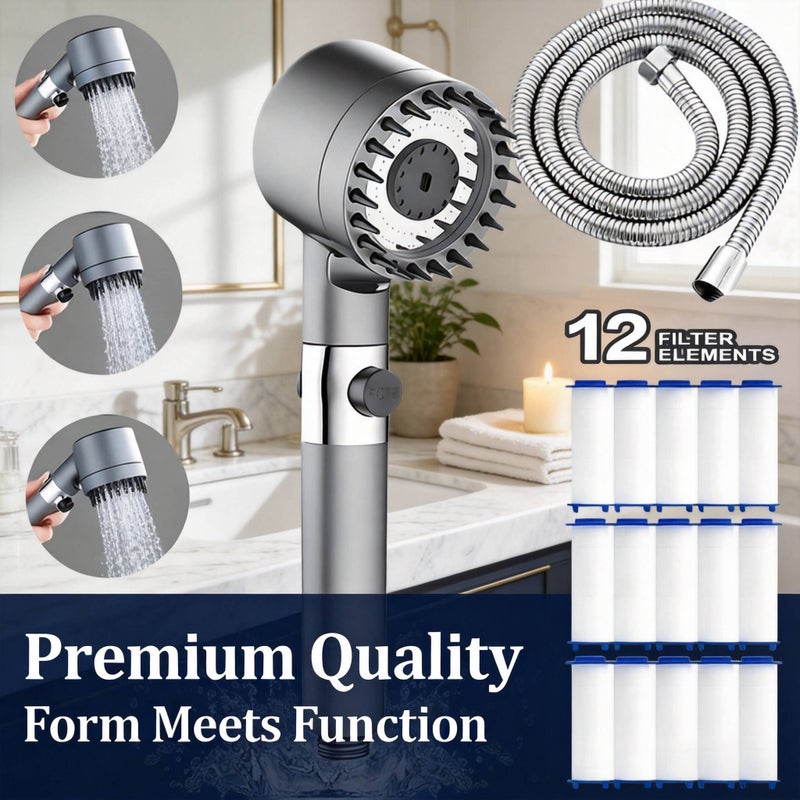 Handheld Filter Shower Set Five Layer Three Mode Massage High Pressure Water Saving Wall Mounted Includes 12 Filter Cartridges And Water Hose Gray ABS Material For Modern Bathroom Accessories - Image 4