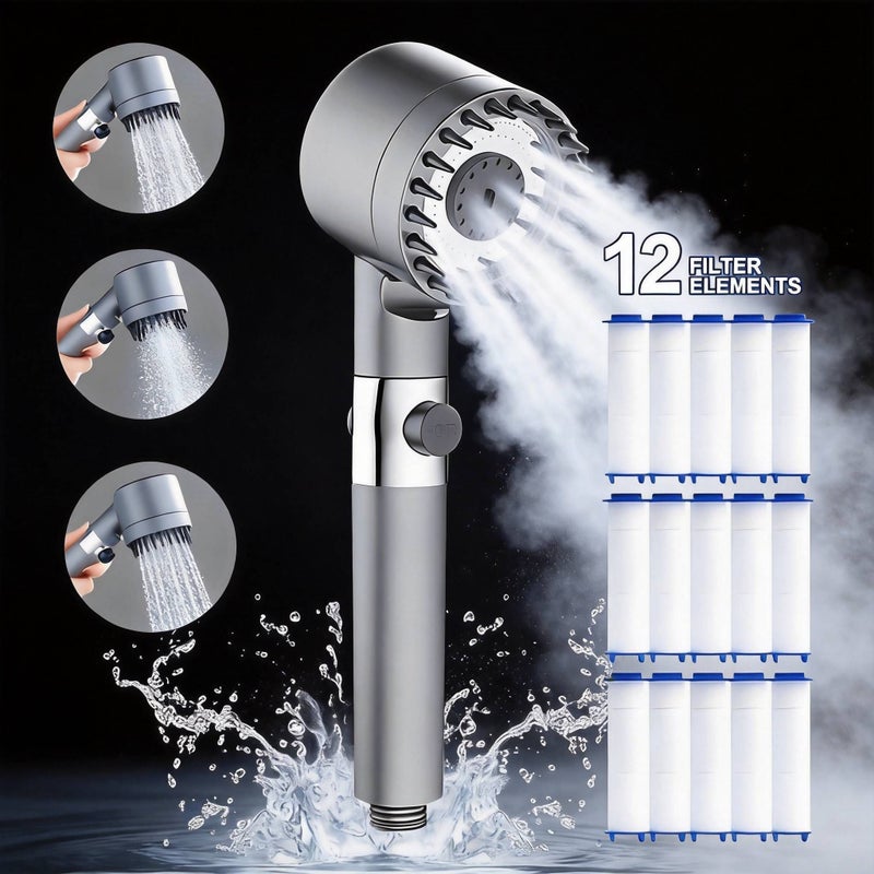 Handheld Filter Shower Set Five Layer Three Mode Massage High Pressure Water Saving Wall Mounted Includes 12 Filter Cartridges And Water Hose Gray ABS Material For Modern Bathroom Accessories - Image 3