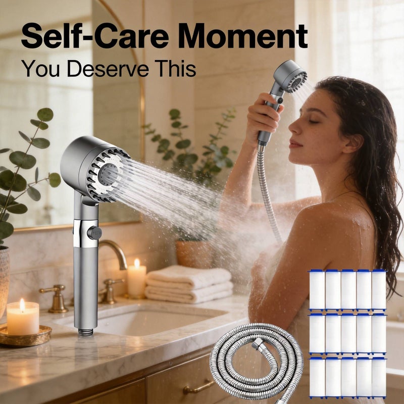 Handheld Filter Shower Set Five Layer Three Mode Massage High Pressure Water Saving Wall Mounted Includes 12 Filter Cartridges And Water Hose Gray ABS Material For Modern Bathroom Accessories - Image 1