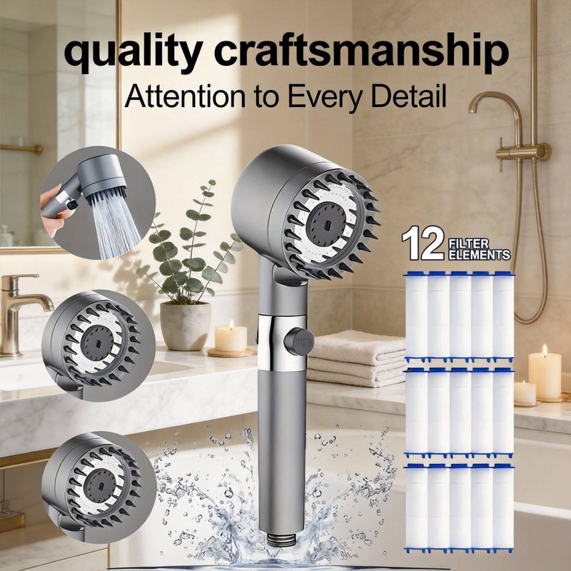 Handheld Filter Shower Set Five Layer Three Mode Massage High Pressure Water Saving Wall Mounted Includes 12 Filter Cartridges And Water Hose Gray ABS Material For Modern Bathroom Accessories - Image 2