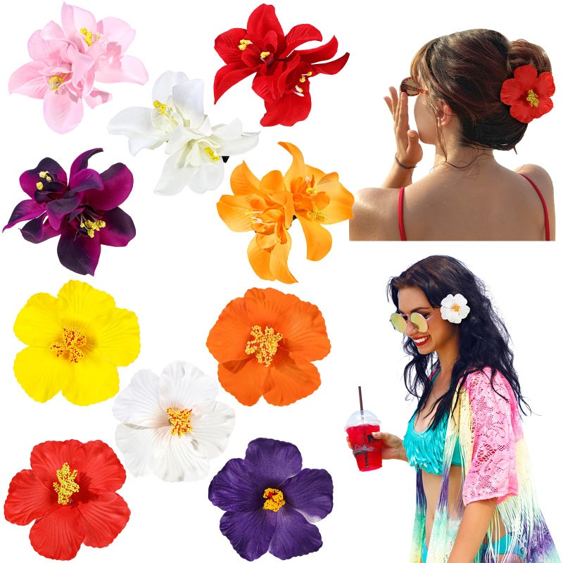 ProSuites 10 Pcs Hawaiian Flower Hair Clips for Women, Plumeria Hibiscus Hair Clips, Artificial Flower Clips 3.5 Inch Hair Accessories for Vacation Party Beach Seaside - Image 1