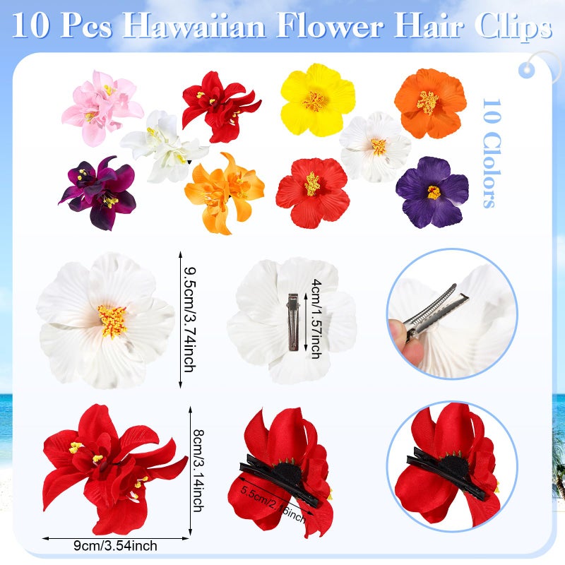 ProSuites 10 Pcs Hawaiian Flower Hair Clips for Women, Plumeria Hibiscus Hair Clips, Artificial Flower Clips 3.5 Inch Hair Accessories for Vacation Party Beach Seaside - Image 2