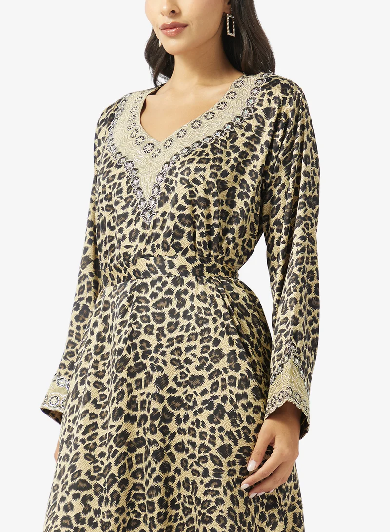 hayas closet  Mixed Pattern Embroidery & Stonework And Belt Jalabiya for Women | Best Price UAE