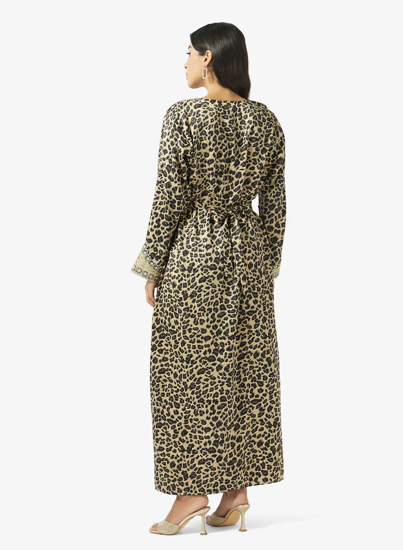 hayas closet  Mixed Pattern Embroidery & Stonework And Belt Jalabiya for Women | Best Price UAE