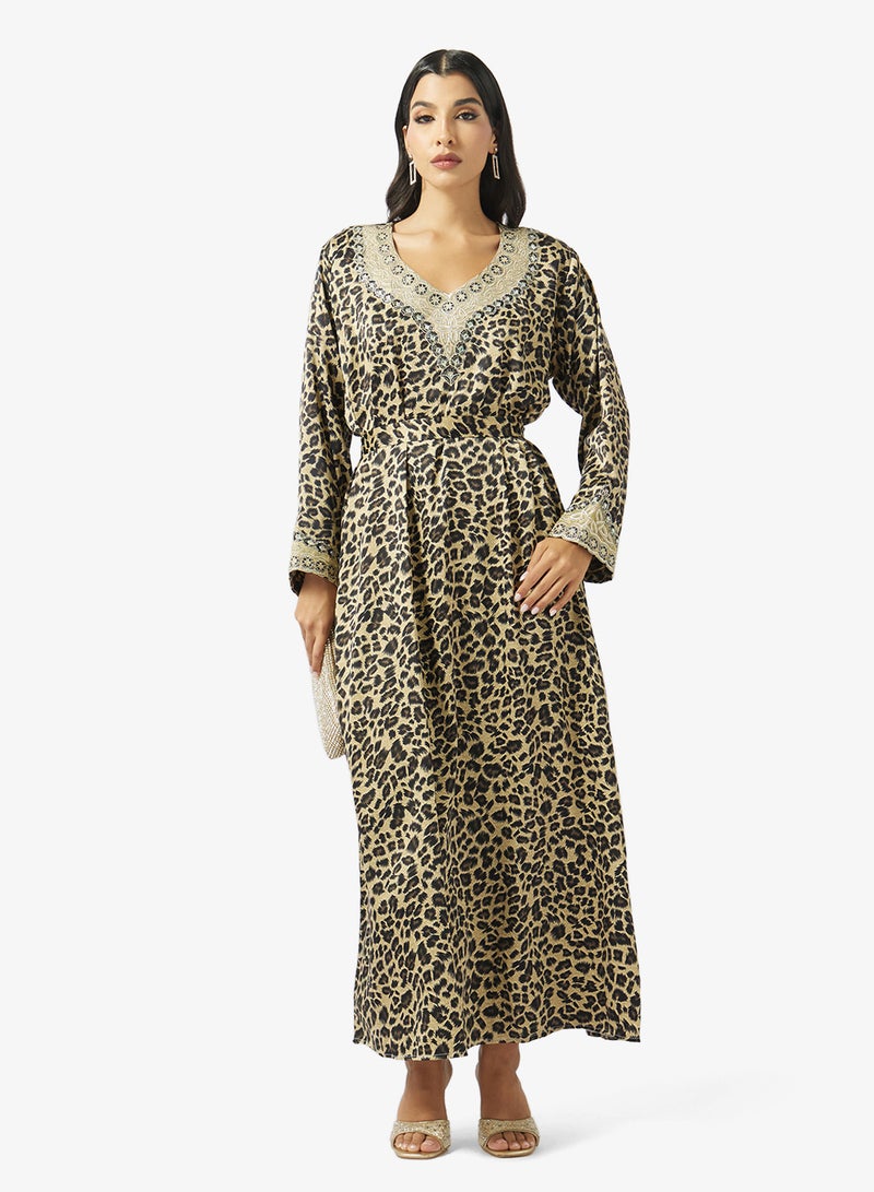 hayas closet Mixed Pattern Embroidery & Stonework And Belt Jalabiya - Image 1