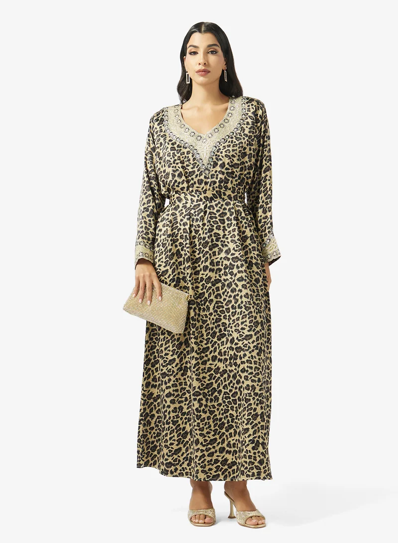 hayas closet  Mixed Pattern Embroidery & Stonework And Belt Jalabiya for Women | Best Price UAE