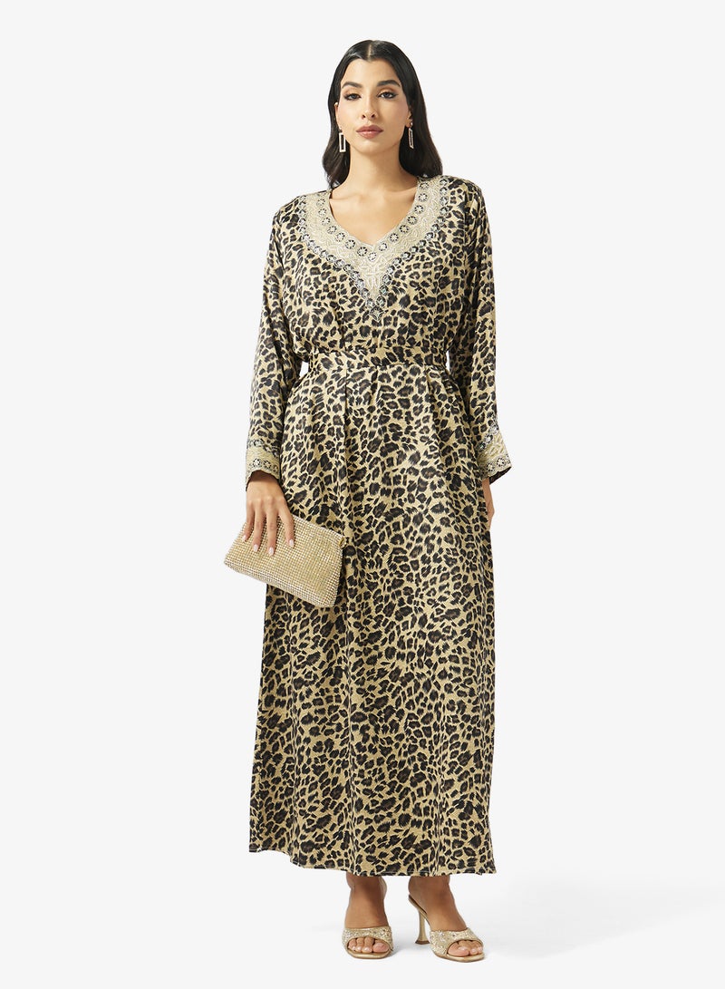 hayas closet Mixed Pattern Embroidery & Stonework And Belt Jalabiya - Image 4