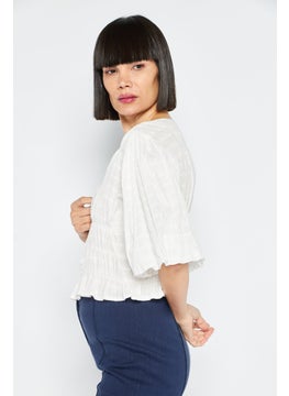 1 State Women V-Neck Short Sleeves Textured Top, White  - Image 4