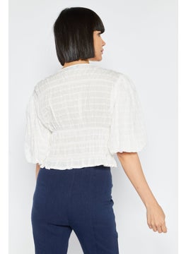 1 State Women V-Neck Short Sleeves Textured Top, White  - Image 3