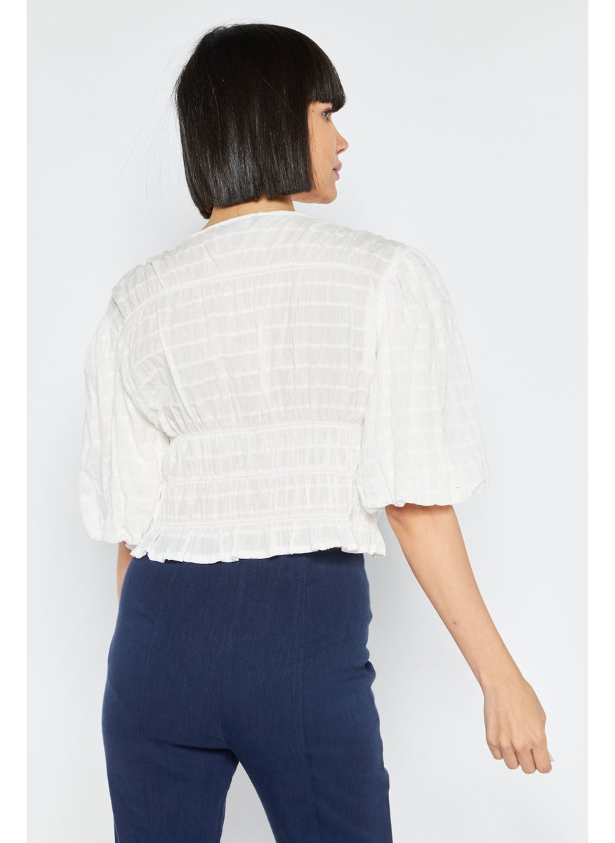 1 State Women V-Neck Short Sleeves Textured Top, White  - Image 3