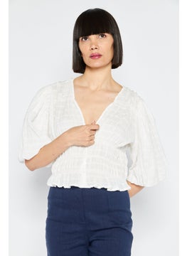 1 State Women V-Neck Short Sleeves Textured Top, White  - Image 1