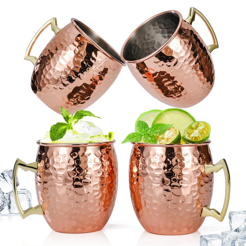 Amrules Moscow Mule Mugs Set of 4 16 OZ Hammered Copper Cups with 304 Stainless Steel Lining and Gold Brass Handles for Cold Drinks Beer Wine Bars Parties