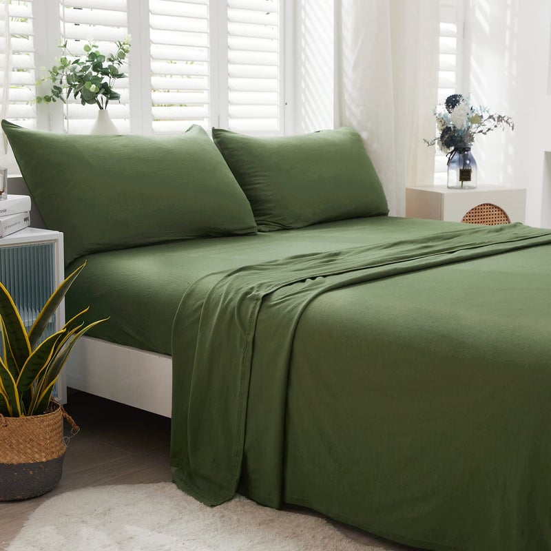 LIFETOWN LIFETOWN 100% Jersey Knit Cotton Bed Sheet Ultra Soft T-Shirt Feel Bedding Sheet 1 Piece Flat Sheet Breathable Wrinkle-Free (Olive Green  King)  - Image 1
