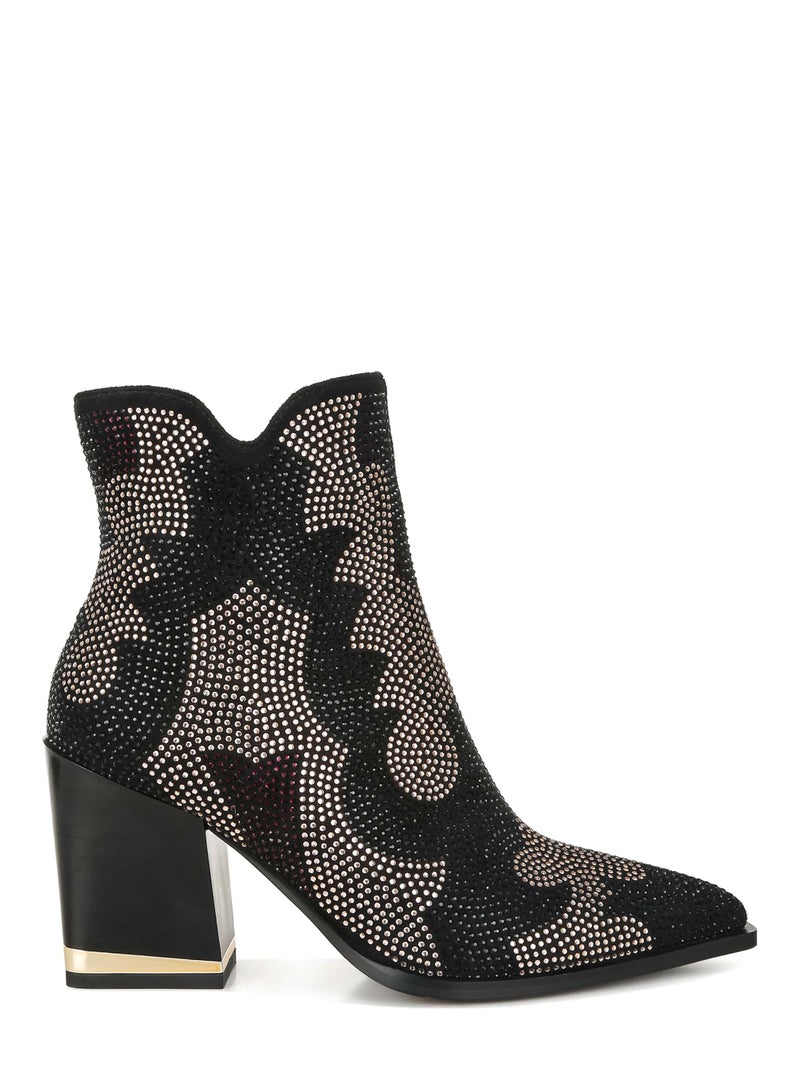 London Rag Rhinestones Embellished Block Heel Boots in Black  - Image 1