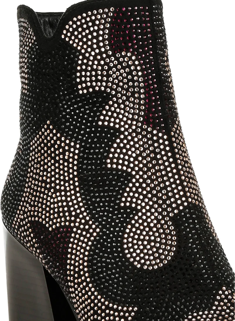 London Rag Rhinestones Embellished Block Heel Boots in Black