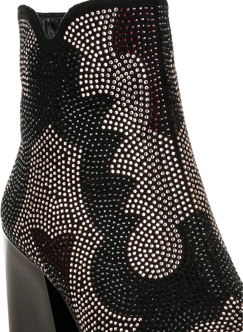London Rag Rhinestones Embellished Block Heel Boots in Black  - Image 5